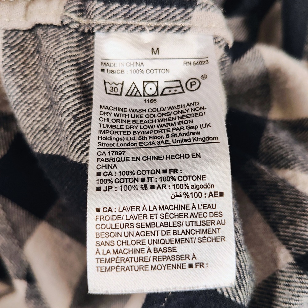 Gap Mens Buffalo Plaid Flannel Shirt Black Cream Standard Fit Medium Cotton - Picture 6 of 8